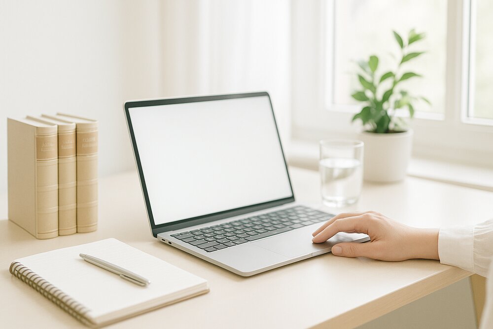 Aydınlık çalışma masasında laptop ve hukuk kitapları
